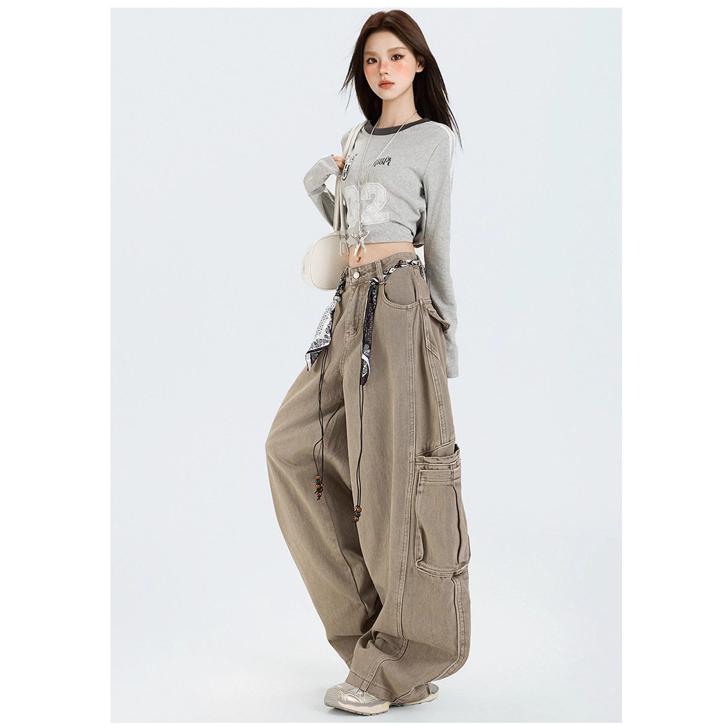 美式牛仔裤女2026新款阔腿宽松彩色直筒女工装牛仔长裤