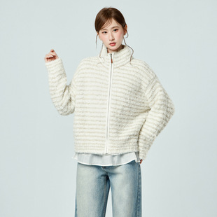 杏粉色奶呼呼软糯立领毛衣开衫女冬季半高领加厚外套宽松慵懒风上