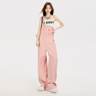 美式高街牛仔背带裤女夏季2025新款宽松复古高腰直筒小个子阔腿裤