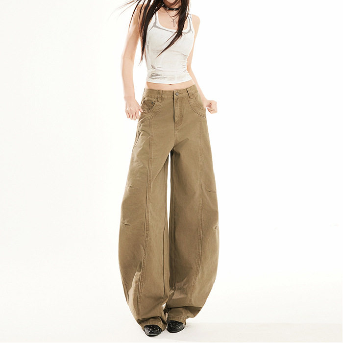 【PA】美式复古牛仔裤设计感卡其色工装弯刀宽松阔腿裤休闲裤依春,女装/女士精品,牛仔裤,淘宝优惠券,粉丝福利购,淘宝优惠卷