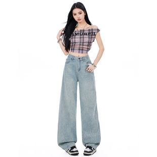 满天星闪钻春季新款高腰美式窄版直筒阔腿牛仔裤女宽松拖地裤