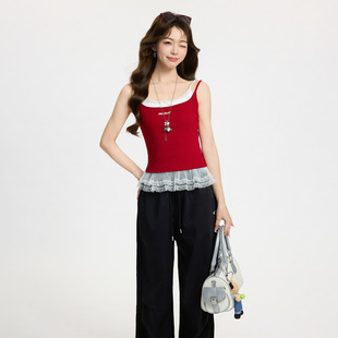 美式撞色蕾丝下摆假两件背心吊带女2026春夏季辣妹小个子红色上衣