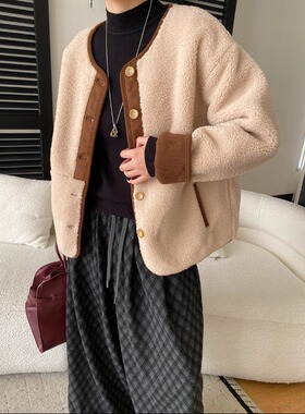 YILIA小众设计感复古圆领撞色拼接仿皮毛一体羊羔毛外套