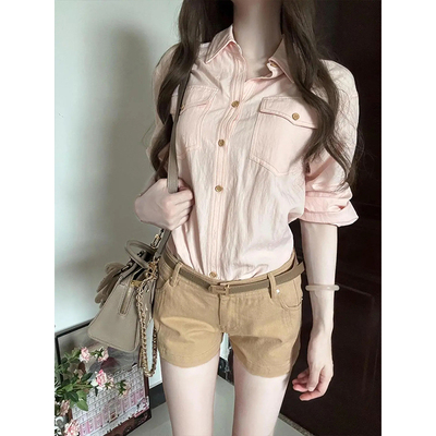 长袖衬衫上衣+短裤通勤套装秋季