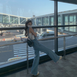 高腰显瘦小个子宽松直筒显高裤 are 女2023新款 shop牛仔背带裤 子