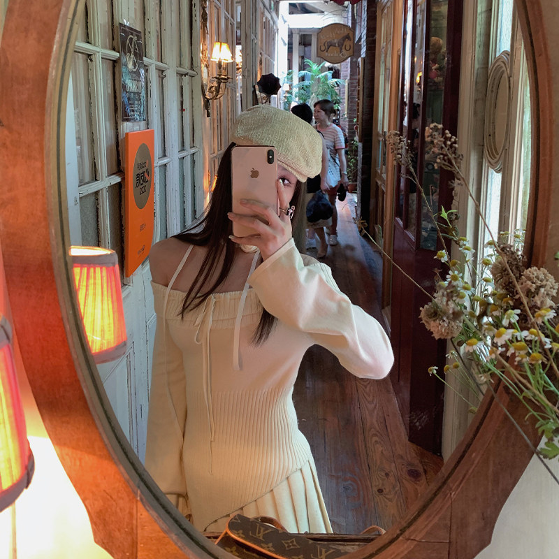 areUshop气质一字肩针织上衣