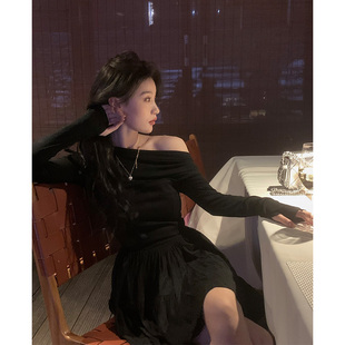设计师款 shop黑色斜肩连衣裙女春装 修身 小众裙子 2023年新款 are
