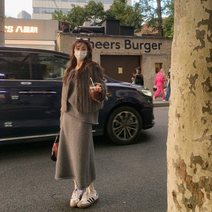 女深秋装 shop灰色卷边针织套装 搭配一整套气质半身裙两件套 are