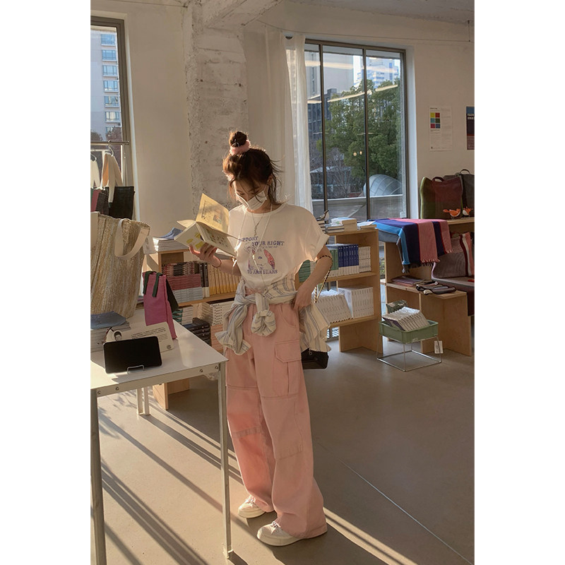 areUshop蜜桃粉工装裤