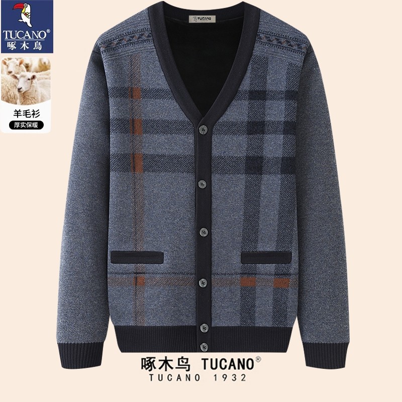 啄木鸟新款羊绒衫男士开衫毛衣保暖中老年人针织衫冬季打底羊毛衫