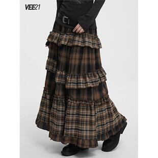 美拉德穿搭长裙子 蛋糕裙棕色格子半身裙长款 巨好看 早秋季