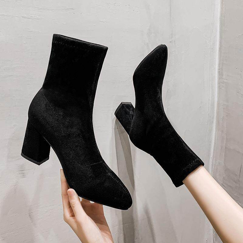 四季青广州十三行即墨秋冬季高跟女鞋尖头粗跟短靴绒面薄款弹力瘦,女鞋,弹力靴/袜靴,淘宝优惠券,粉丝福利购,淘宝优惠卷
