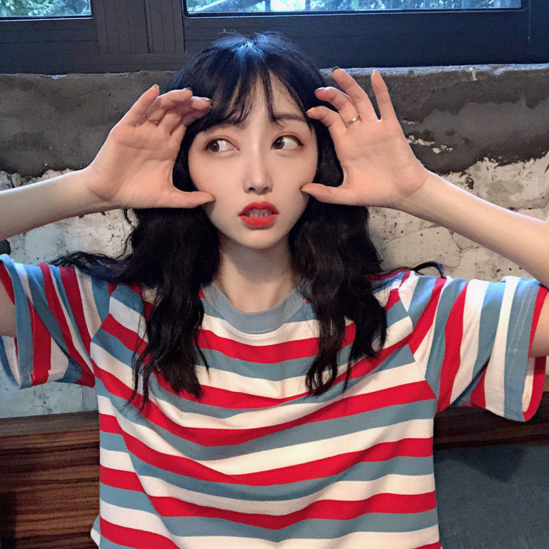 四季青广州十三行即墨2025夏季新款宽松彩虹条纹短袖T恤女泫雅风,女装/女士精品,T恤,淘宝优惠券,粉丝福利购,淘宝优惠卷