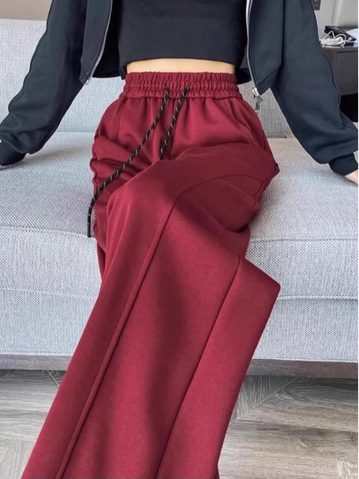 韩国安可拉红阔腿裤子女秋小个子宽松休闲高腰香蕉裤松紧腰卫裤~