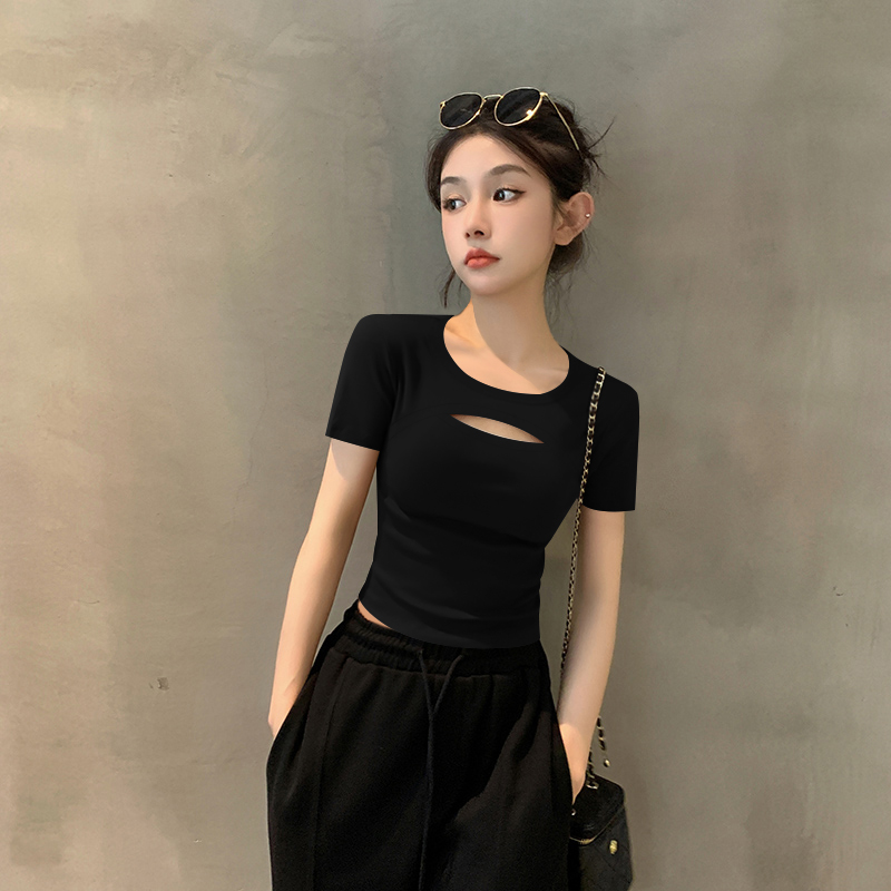 韩国2025新款黑色短袖T恤女夏季设计感镂空莫代尔半袖短款紧身.