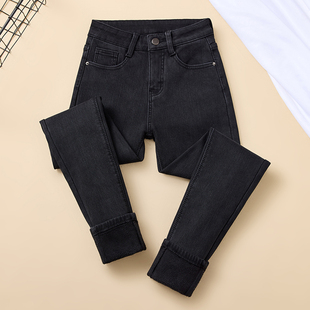 韩国加绒小脚牛仔裤女2025新款冬季厚绒高腰显瘦黑色加长版铅笔裤