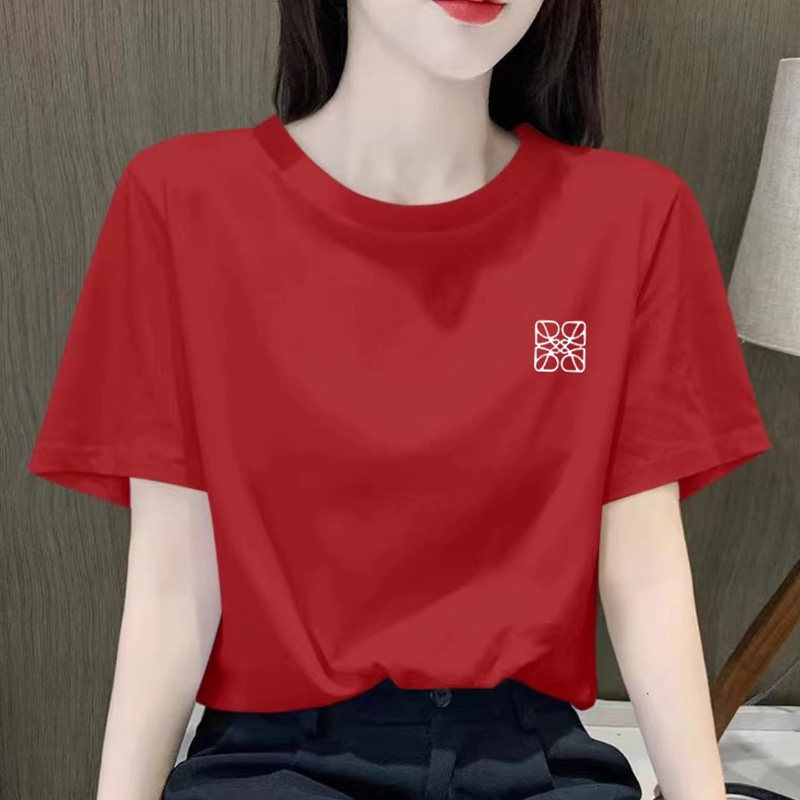 韩国2025春夏季新款大红色本命年纯棉正肩短袖t恤女上衣宽松内搭.