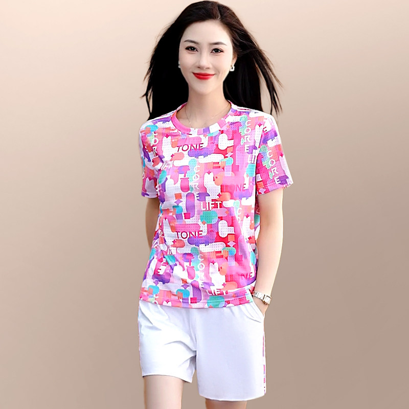 韩国2026夏季宽松休闲花色运动套装女冰丝速干短袖短裤跑步两件套