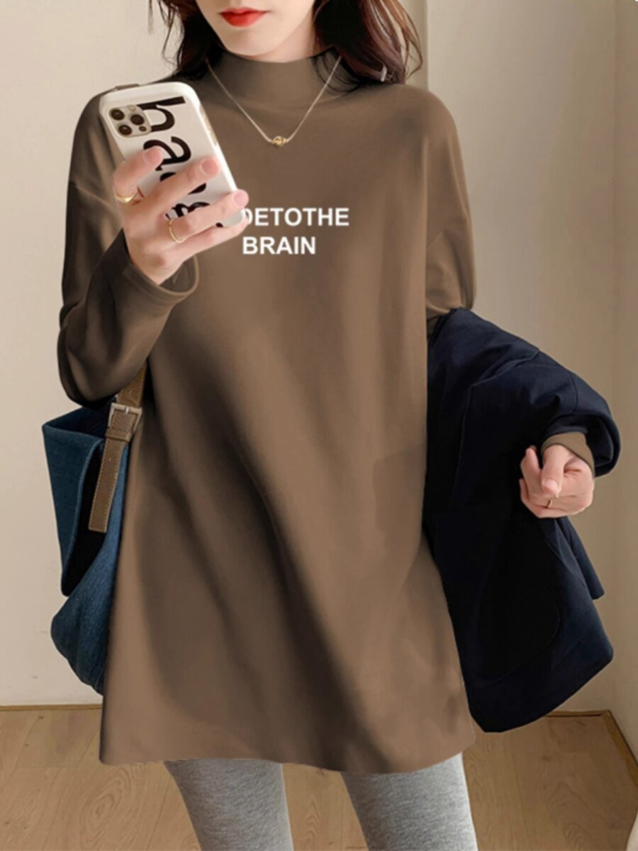 韩国时尚半高领打底衫女中长款遮屁股大码德绒加厚长袖T恤上衣潮