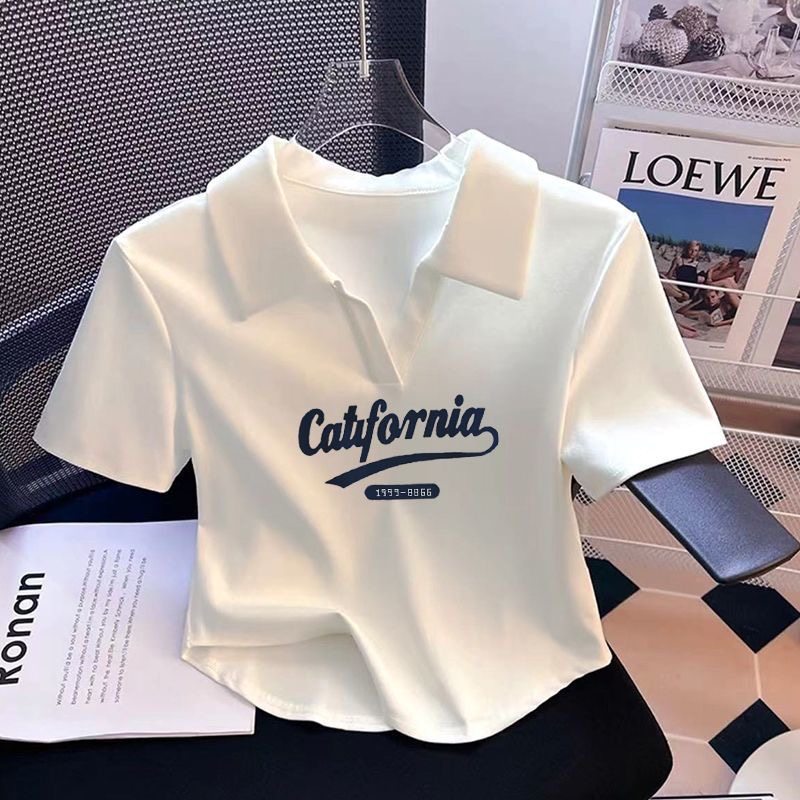 韩国2025新款白色纯棉正肩polo领短袖T恤女减龄修身百搭短款体恤