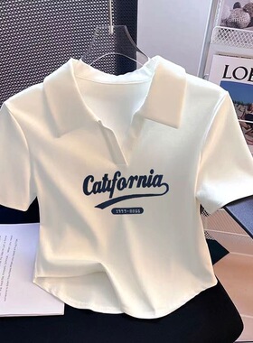韩国2025新款白色纯棉正肩polo领短袖T恤女减龄修身百搭短款体恤