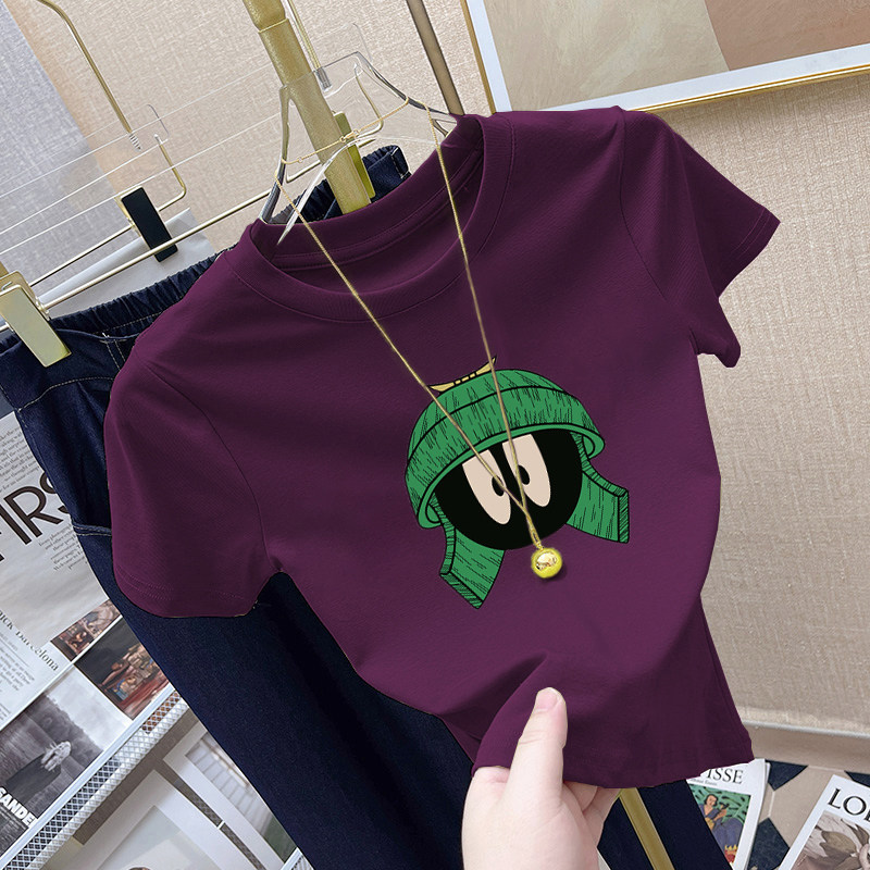 韩国正肩紫色修身显瘦短款短袖T恤女装设计感小众别致甜辣小个子.