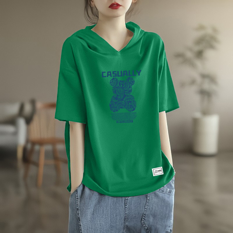 韩国纯棉连帽短袖t恤女士2026夏季新款夏季宽松大码减龄遮肚上衣.