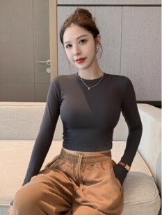 韩国烟灰色长袖露脐t恤女春秋季2025新款修身打底衫内搭高腰短款~