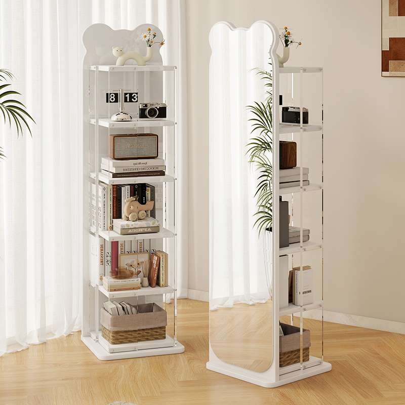 实木小熊旋转全身镜落地镜家用卧室穿衣镜亚克力悬浮书架一体镜子