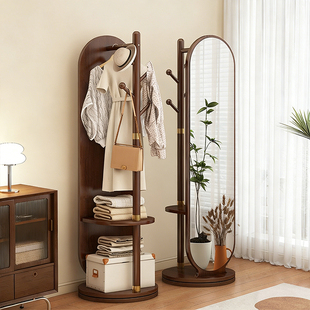 实木落地镜移动带挂衣架一体穿衣镜全身镜家用卧室可旋转试衣镜子