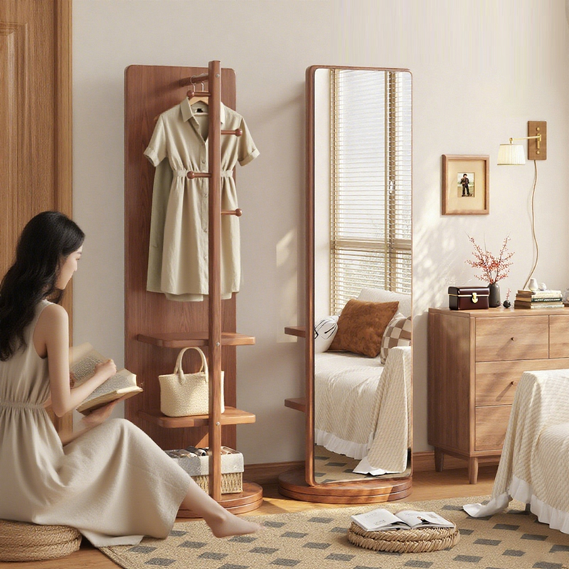 实木旋转穿衣镜全身落地镜家用卧室挂衣帽架一体可移动大试衣镜子