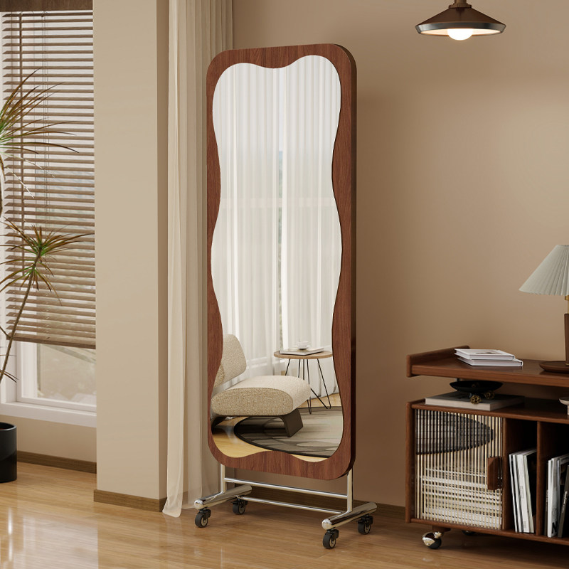 可移动全身镜中古风家用客厅落地镜复古不锈钢穿衣镜旋转试衣镜子