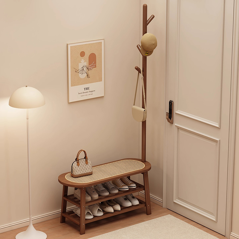 换鞋凳入户门实木藤编挂衣架一体衣帽架家用门口可坐鞋柜穿鞋凳子