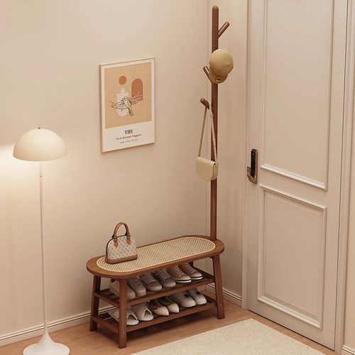 换鞋凳入户门实木藤编挂衣架一体衣帽架家用门口可坐鞋柜穿鞋凳子