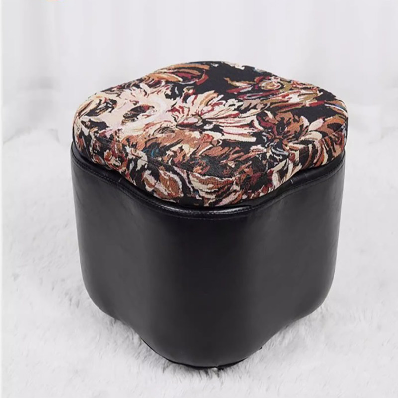 复古印花圆形矮凳皮质边框