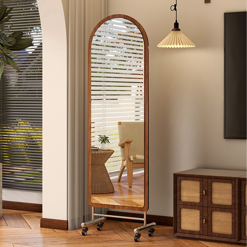 可移动全身镜落地镜家用卧室中古风穿衣镜客厅不锈钢滑轮试衣镜子