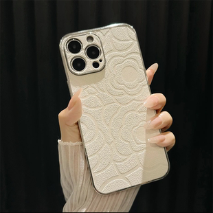 山茶花皮纹电镀边苹果16手机壳15promax女适用iPhone13高级感14创意12皮质保护壳网红14pm好看16Promax轻奢壳