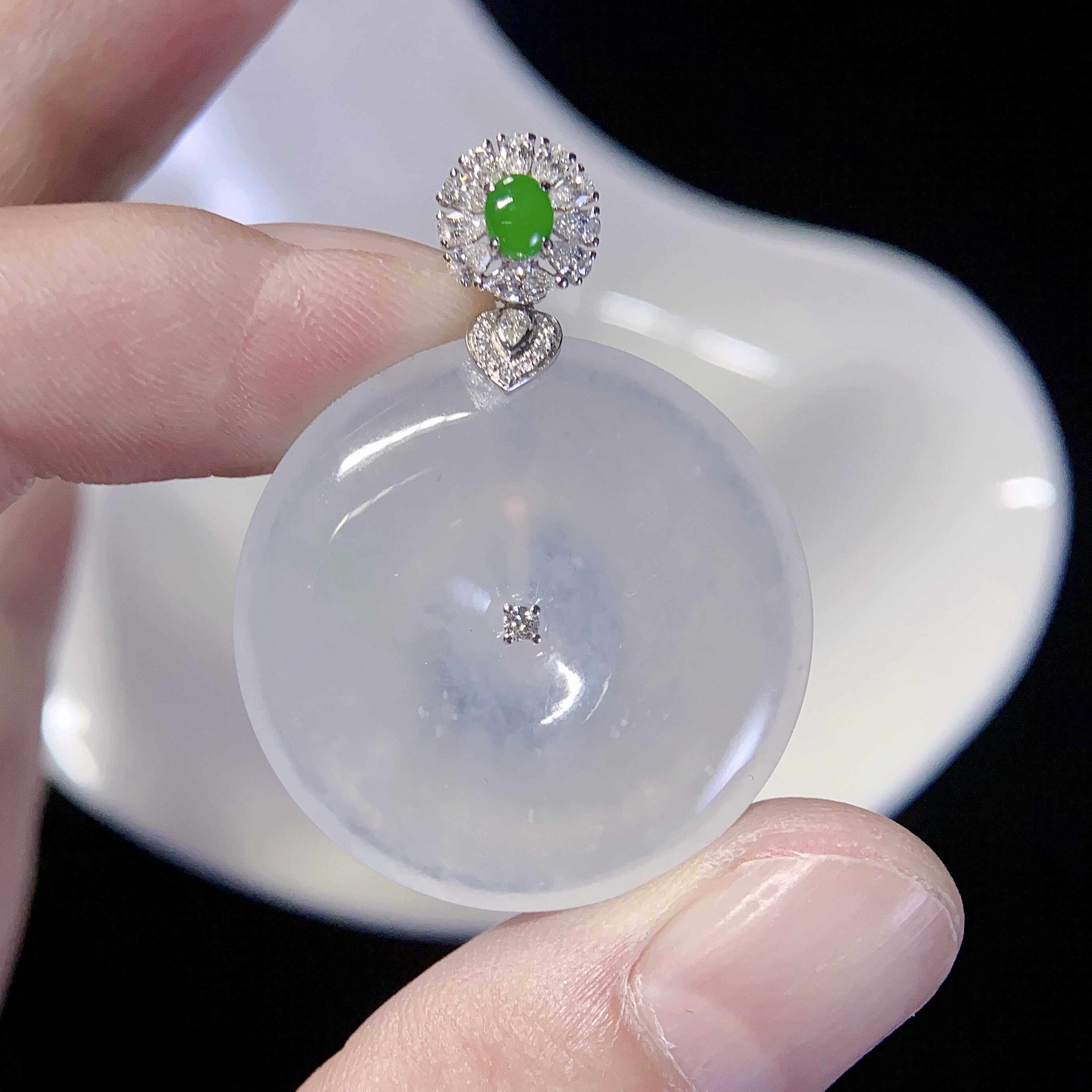 现货天然翡翠a货冰种莫西沙意境棉18k金伴钻石镶嵌平安扣吊坠