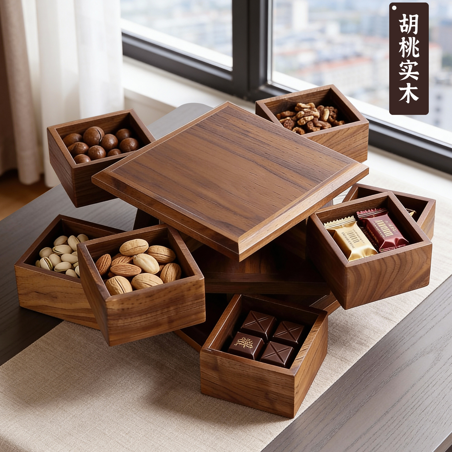 新中式千里江山实木旋转果盘双层大容量果盒零食糖果点心干果盒子