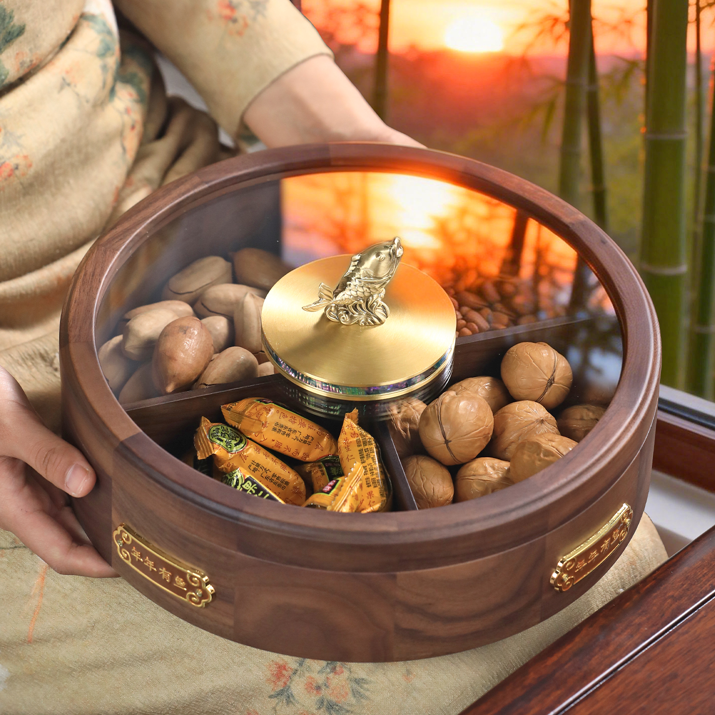 新中式千里江山实木旋转果盘双层大容量果盒零食糖果点心干果盒子