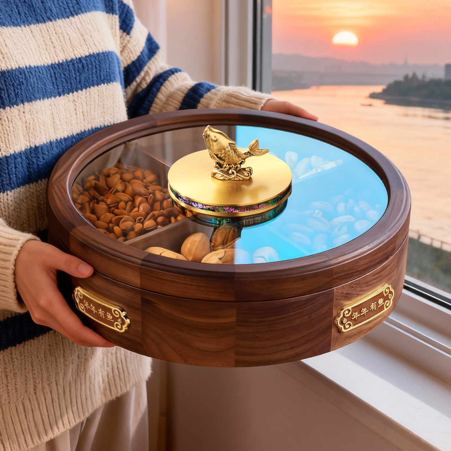 新中式千里江山实木旋转果盘双层大容量果盒零食糖果点心干果盒子