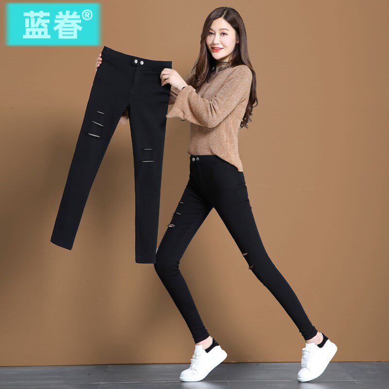 破洞打底裤女外穿春秋款2025新款高腰紧身夏薄黑色铅笔小脚小黑裤