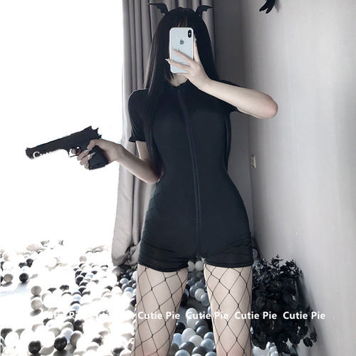 cutie：性感紧身连体衣女双头拉链内衣cos免脱黑丝美腿显瘦女制服