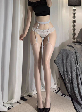 cutie:黑丝长筒吊带丝袜链条烫钻极光薄款黑色吊带袜油光打底袜