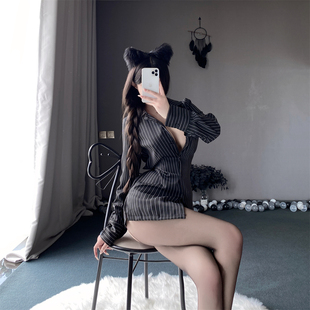 黑色纯欲OL套装 少女长款 猫性感秘书内衣职业条纹衬衫 cutie做你