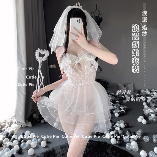 cutie：性感小胸甜美网纱新娘连衣裙网袜显瘦T裤连体衣制服内衣女