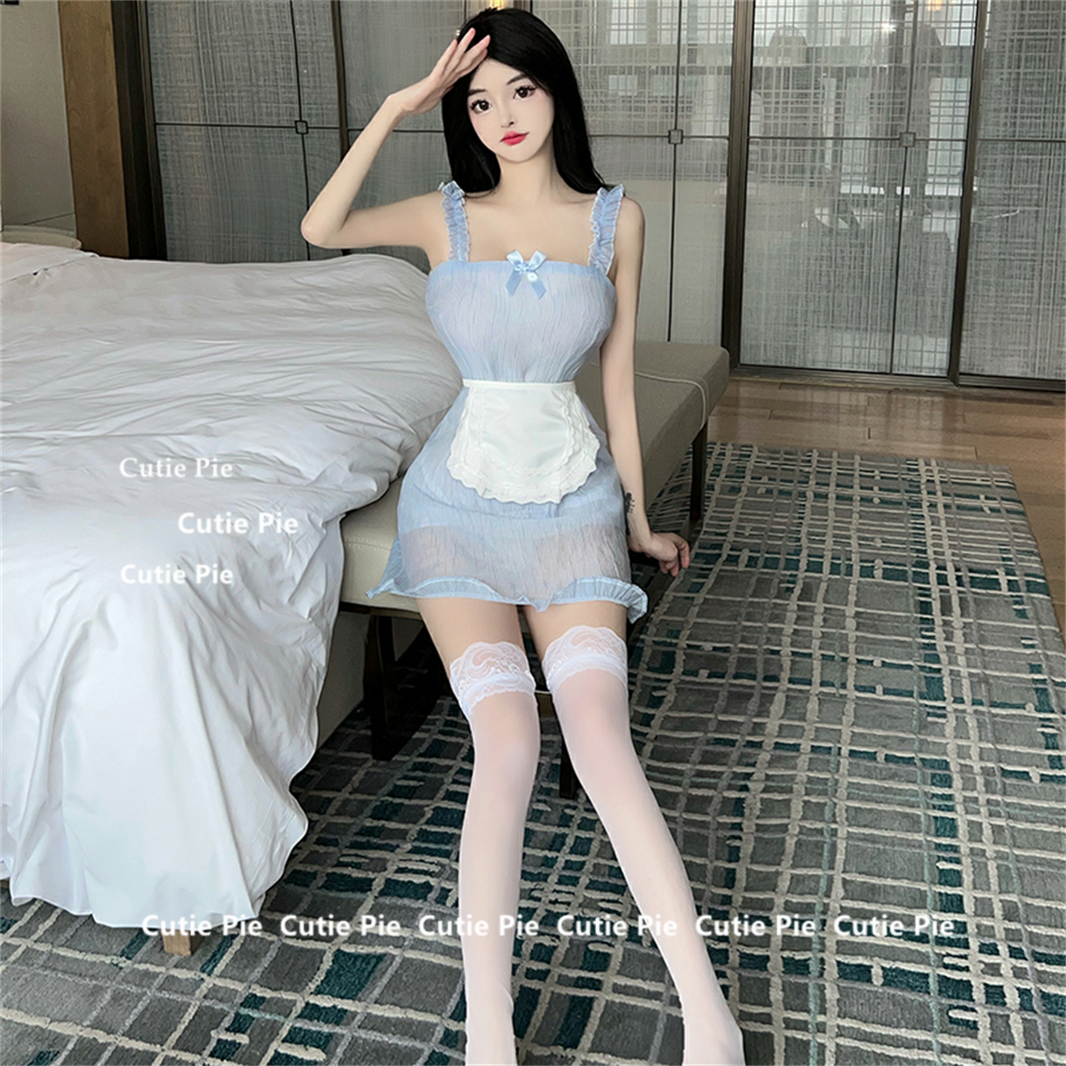 cutie推倒小町娘* 甜美女仆可爱吊带蕾丝绑带透视连衣裙酒吧