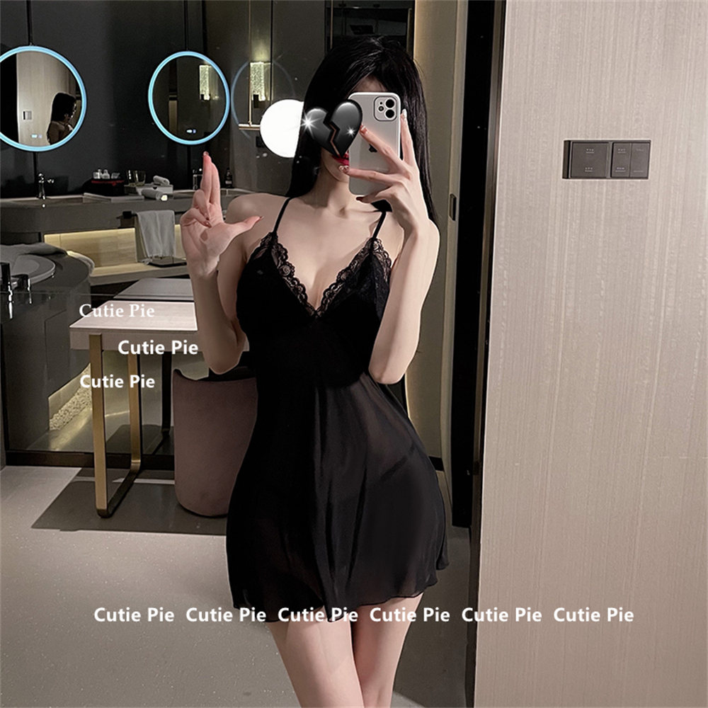 cutie：性感绑带薄款蕾丝边诱惑露背睡衣透视吊带睡裙家居服套装