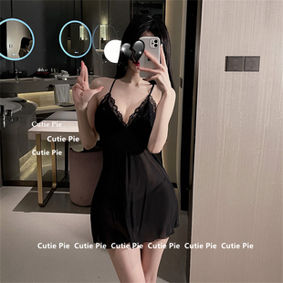 cutie：性感绑带薄款 蕾丝边诱惑露背睡衣透视吊带睡裙家居服套装