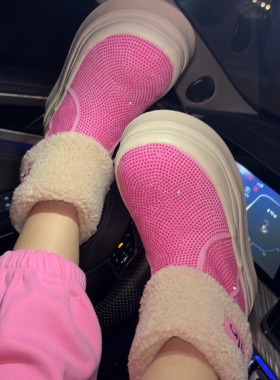 2025冬季新品百搭拼接厚底水钻加棉保暖短靴推荐雪地靴女鞋377-1